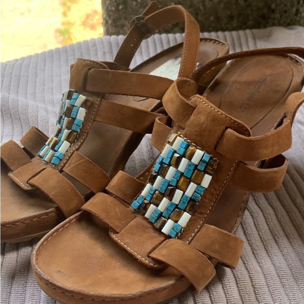 Timberland Brown Suede Sandals with Turquoise and White Bead Accents